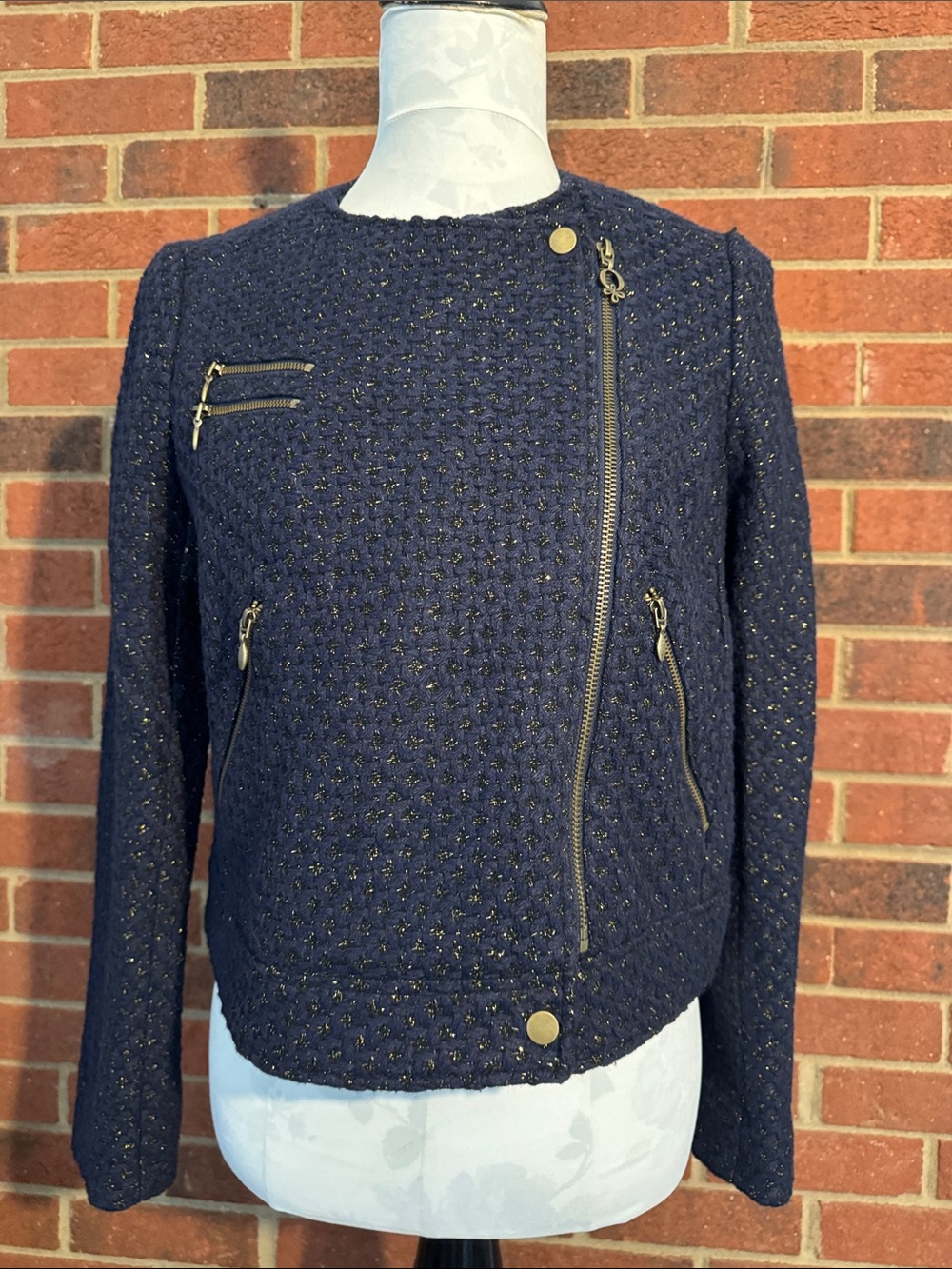 QMack Metallic Tweed Motorcycle Jacket with Gold Tone Hardware